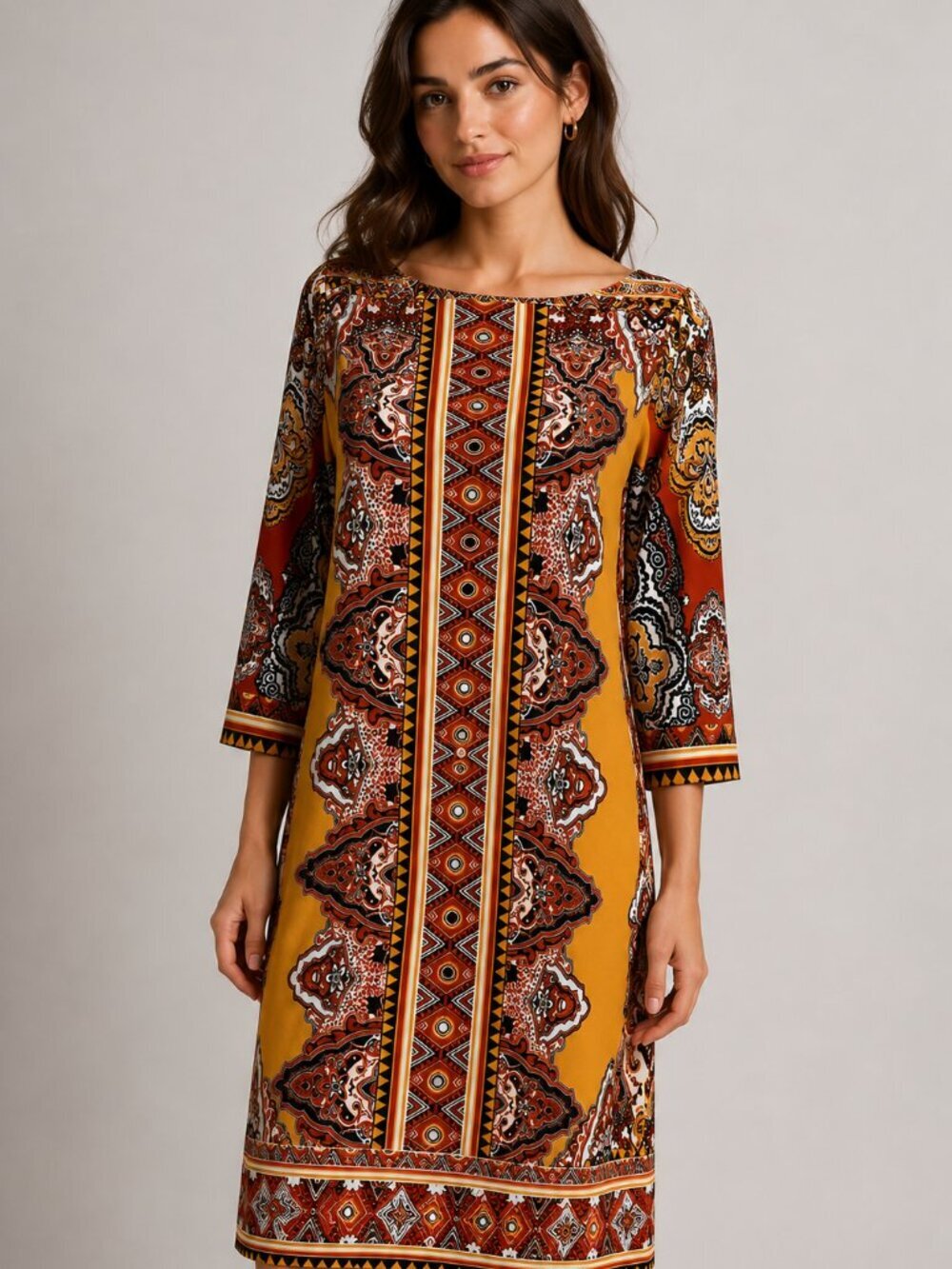ECI New York Geometric Paisley Shift Dress Size 10 Mustard Rust Black 3/4 Sleeve